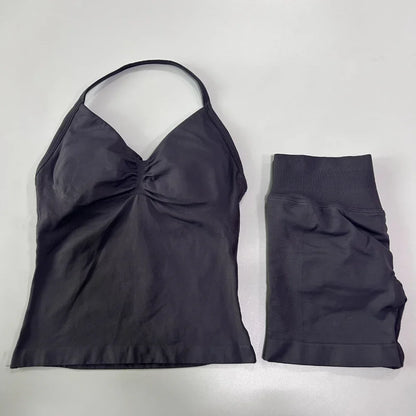 2 Pieces Impact Sports Set Workout Clothes Shorts Sets Impact Longline Strappy Top Seamless Scrunch Shorts Yoga Clothing Gym Set