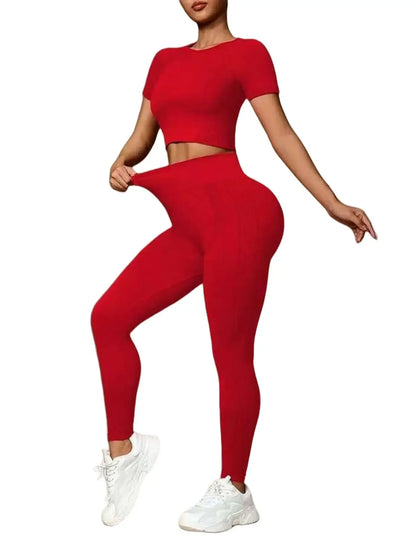Fashionable women's two-piece high elastic seamless yoga suit sportswear, slim short-sleeved top, high waist pants,