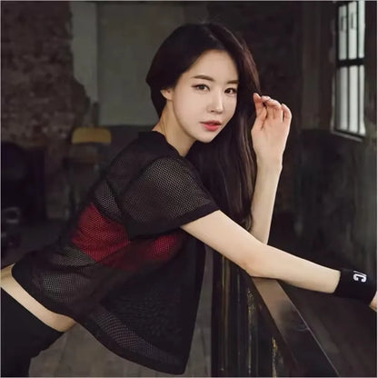 Mesh Yoga Shirt Women Sport Top Short Sleeve T-Shirt Blouse Cover Up Fitness Tank Sportwear Quick Dry Running Gym Clothes