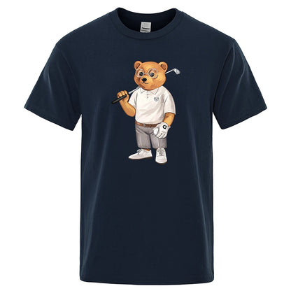 Gentleman Ted Bear Playing Golf Men T Shirts Summer Cotton Sweat T-Shirts Breathable Loose Clothes Hip Hop Street Short Sleeve