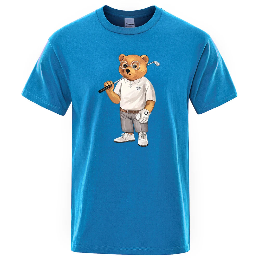 Gentleman Ted Bear Playing Golf Men T Shirts Summer Cotton Sweat T-Shirts Breathable Loose Clothes Hip Hop Street Short Sleeve