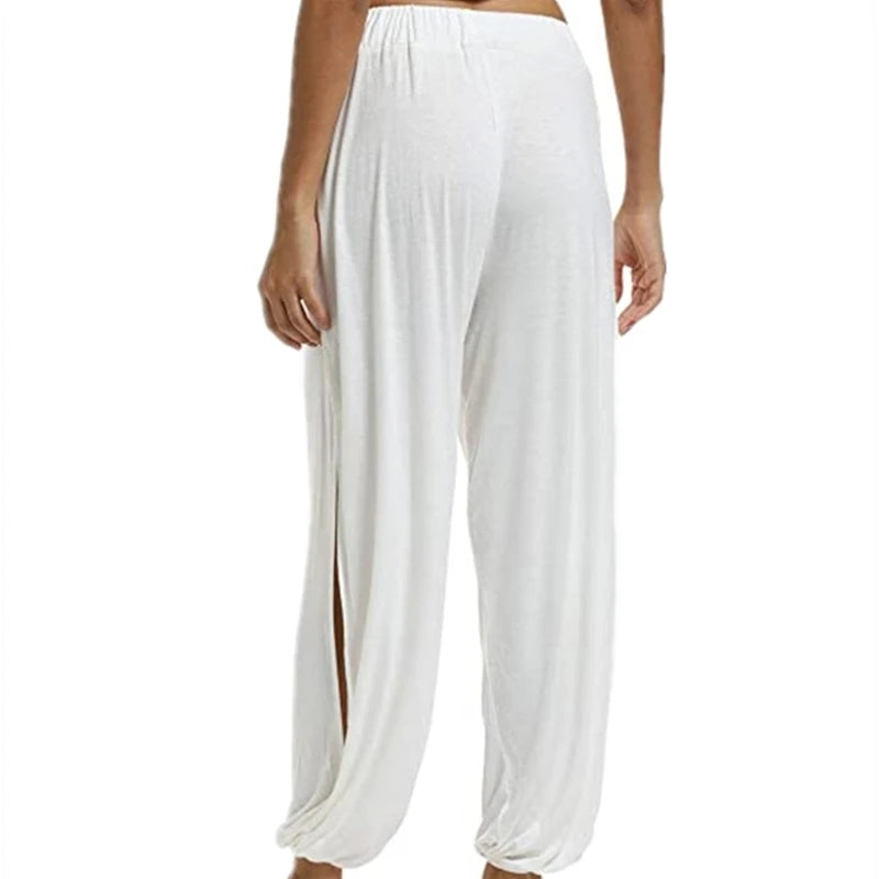 Womens Harem Hippie Pants Yoga Clothing Smocked Waist Palazzo Beach Cover Up Pants Side Split Active Workout Sweatpants