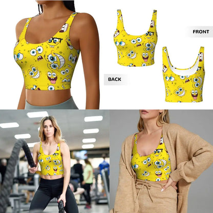 SpongeBobed Anime Cartoon Womens' Sports Bra Longline Wirefree Padded with Medium Support Yoga Sport Bras With Removable Cups