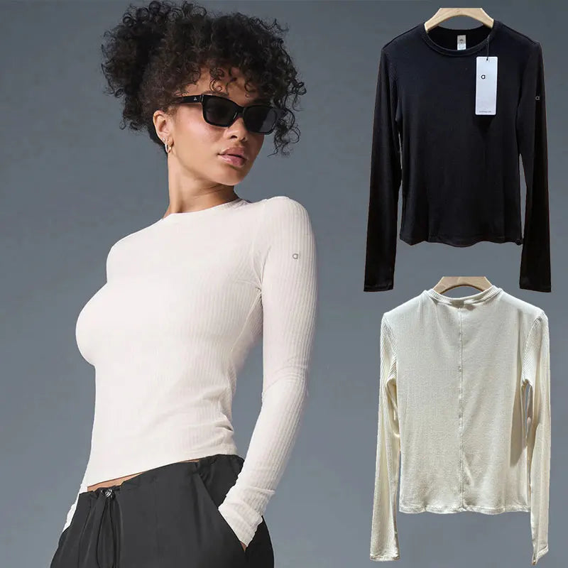 2025 Fashion Women's Sporty Yoga Solid Color T-shirt Sports Crew-neck Long-sleeved Casual Top