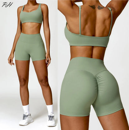 Nude Yoga Clothing Sets Women Long Sleeve Crop Tops Tight Shorts Suit Quick Dry Tracksuit Fitness Workout Outfits Gym Wear New