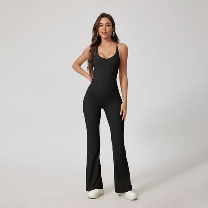 Seamless Yoga Jumpsuits Sports Fitness Hip-lifting Flared Pants Backless One-piece Workout Gym Leggings Sportswear for Women
