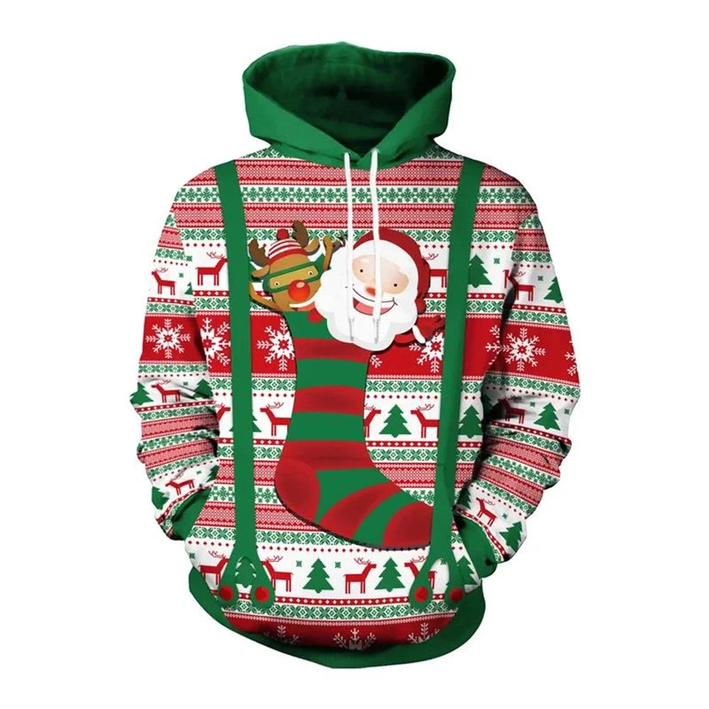 Funny Christmas Gifts 3D Printed Hoodies For Men Clothes Fashion Elk Sock Santa Claus Graphic Sweatshirts Casual Tracksuit Tops