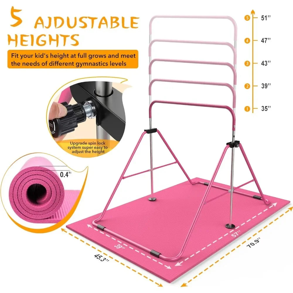 Expandable Gymnastics Bar for Kids - Height Adjustable Junior Training Bar for Home, Folding Gymnastic Horizontal Bars Equipment