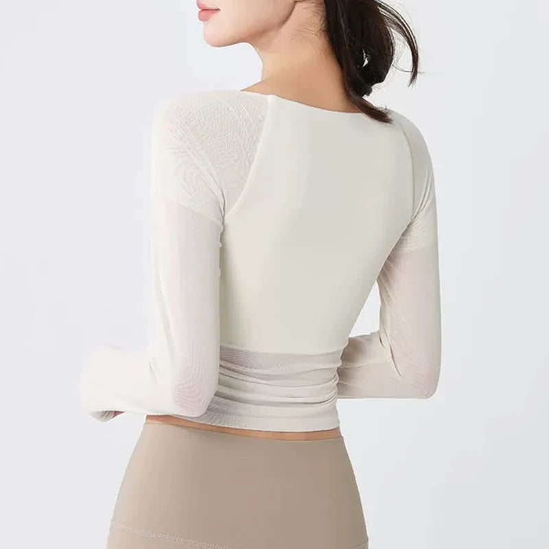 Women's sports yoga suit, mesh fake two-piece yoga sports top fitness suit