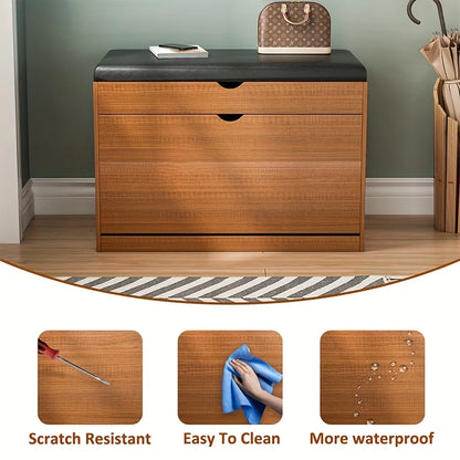 Wooden Shoe Bench with Storage | 3-Tier Shoe Rack, Cushioned Seat & Hidden Cabinet | Space-Saving Entryway Organizer for Home