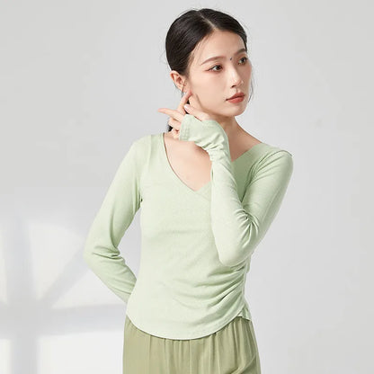 Adult Modern Dance Practice Clothes V Neck Finger Sleeve Autumn Winter Tops Women Slim Elegant Yoga Costume Performance Clothing