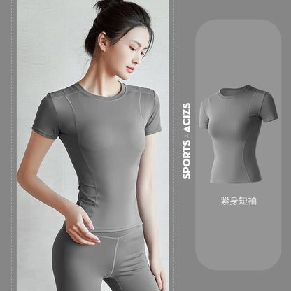 2024 Women's Sports Fitness Clothing Slim Running Sweat Absorbing Skinny Yoga Clothes Quick Drying Clothes Short Sleeved T-shirt
