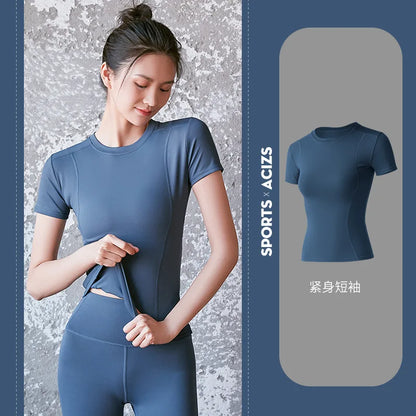 2024 Women's Sports Fitness Clothing Slim Running Sweat Absorbing Skinny Yoga Clothes Quick Drying Clothes Short Sleeved T-shirt